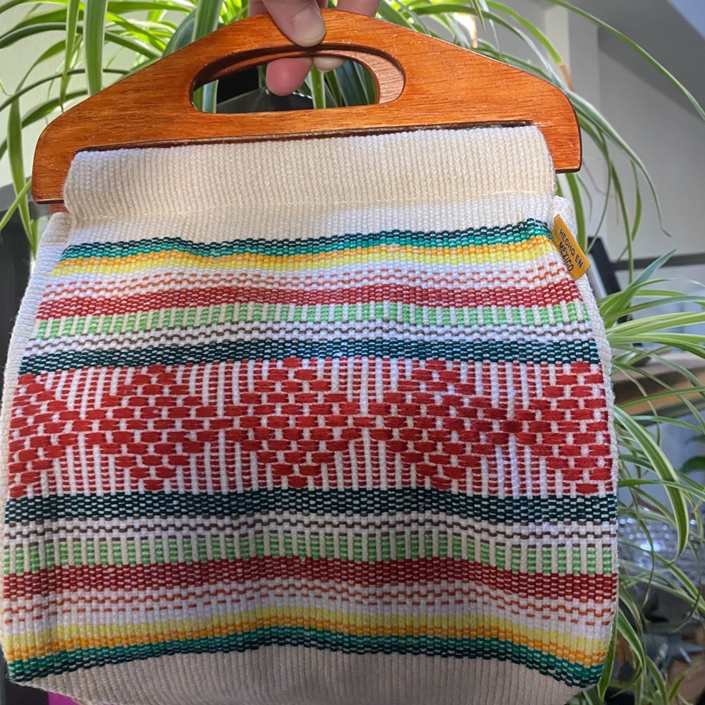 Loom-woven, wooden top handled bag